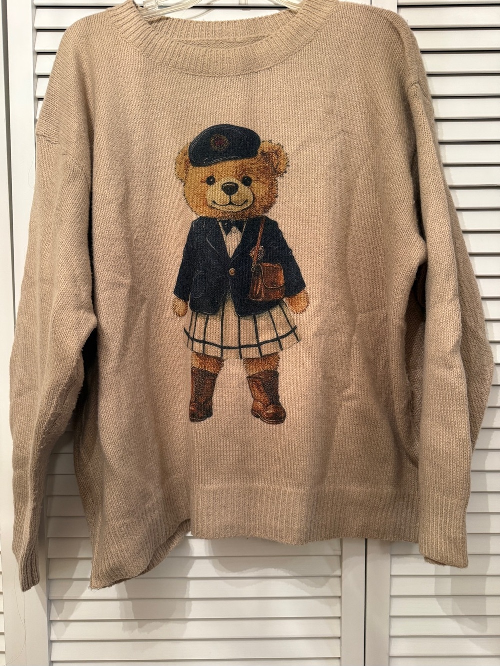 Beige Teddy Graphic Crewneck Sweater